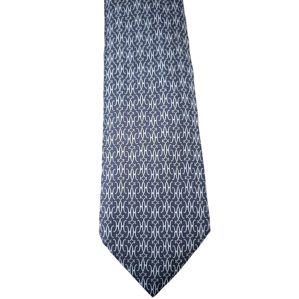 Vintage Hermès 100% Silk Men's Blue Tie With Light Blue H Designs